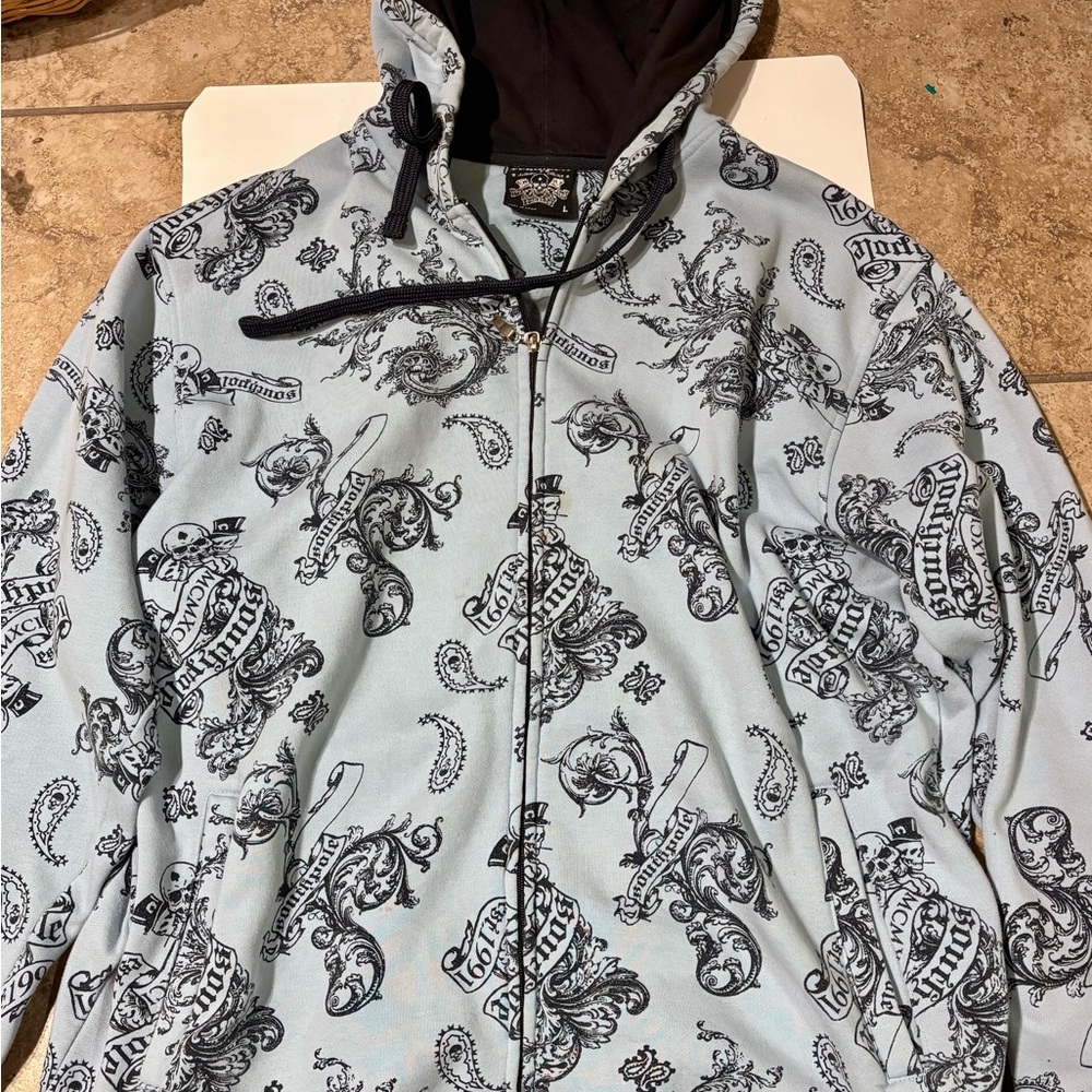 SouthPole All-Over Skull Print Hoodie Full Zip Streetwear Graffiti L